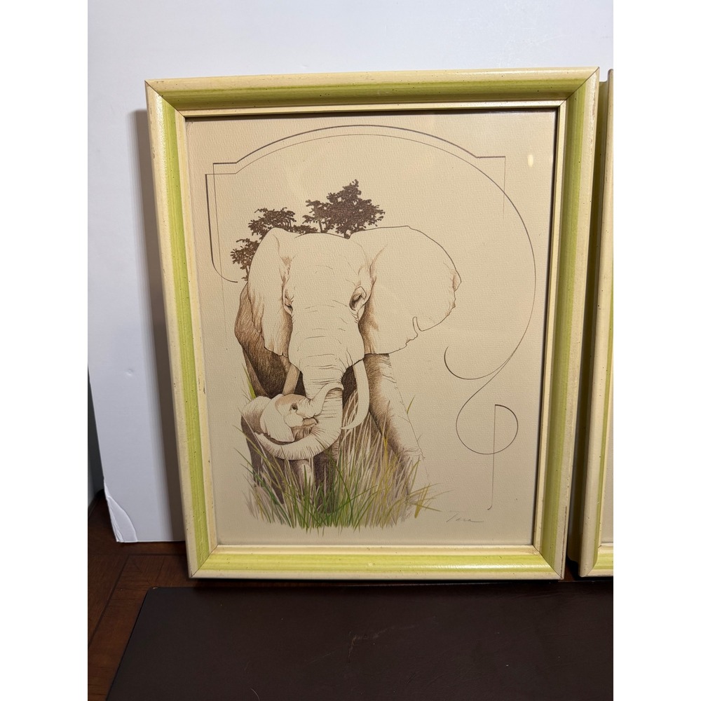 Vintage Tara Signed Wildlife Art Prints Set 2 Tiger Elephant Framed 11x13 Green - Picture 4 of 16